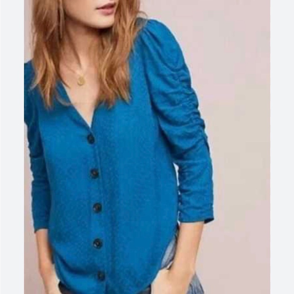 Maeve by Anthropologie Emerald Ruched Sleeve Button-Down Blouse - Picture 8 of 8